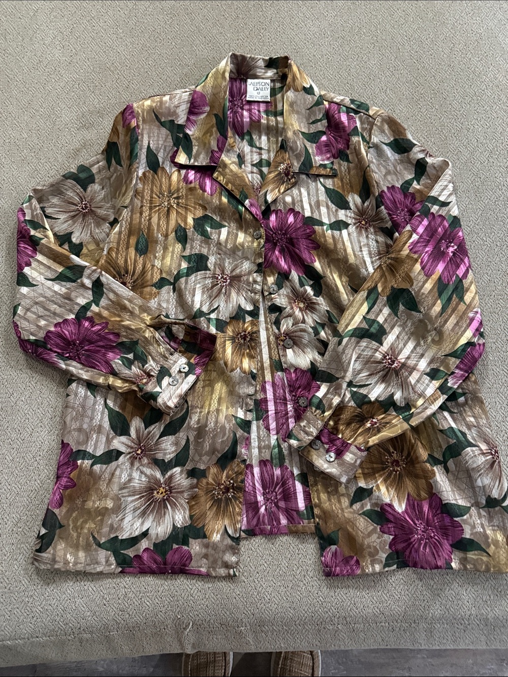 Allison Daley Metallic Floral Button-Down Blouse in Gold, Plum & Green